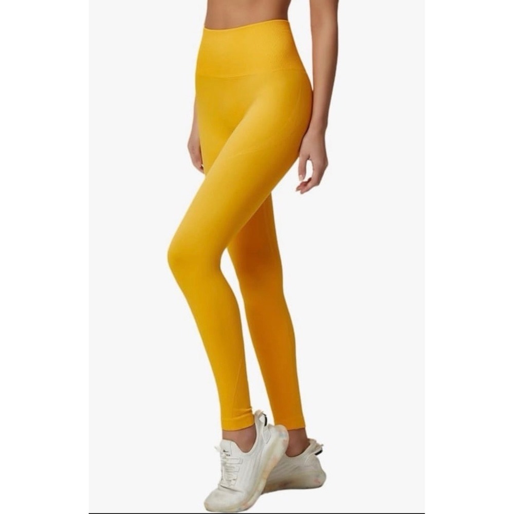 Mustard Yellow High Waisted‎ Seamless Leggings Ribbed Waistband Workout Tights